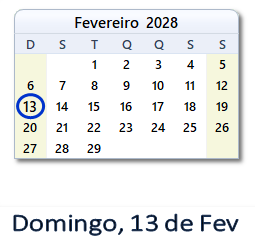 13 Fevereiro 2028 calendario
