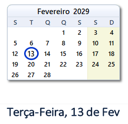 13 Fevereiro 2029 calendario
