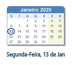13 Janeiro 2020 calendario