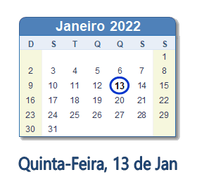 13 Janeiro 2022 calendario