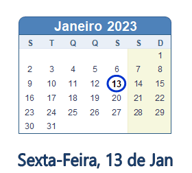 13 Janeiro 2023 calendario