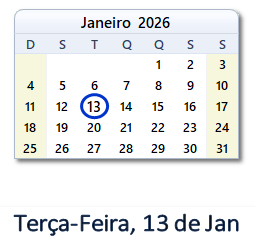 13 Janeiro 2026 calendario