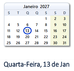 13 Janeiro 2027 calendario