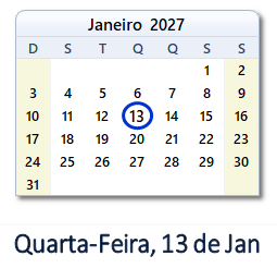 13 Janeiro 2027 calendario