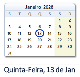 13 Janeiro 2028 calendario