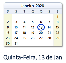 13 Janeiro 2028 calendario