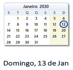 13 Janeiro 2030 calendario