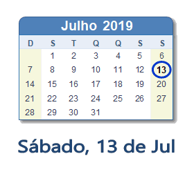 13 Julho 2019 calendario