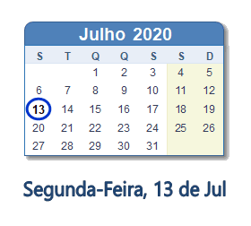 13 Julho 2020 calendario