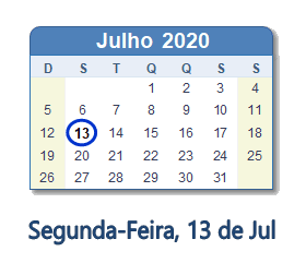 13 Julho 2020 calendario