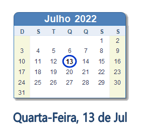 13 Julho 2022 calendario