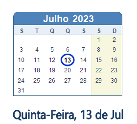 13 Julho 2023 calendario