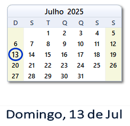13 Julho 2025 calendario