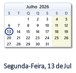 13 Julho 2026 calendario