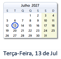 13 Julho 2027 calendario