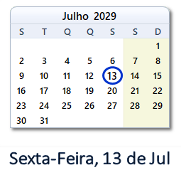 13 Julho 2029 calendario