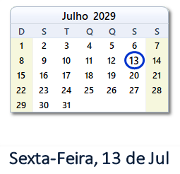 13 Julho 2029 calendario