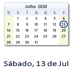 13 Julho 2030 calendario