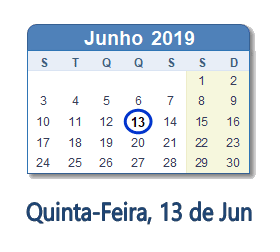 13 Junho 2019 calendario