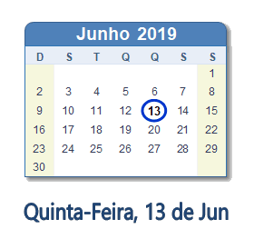 13 Junho 2019 calendario