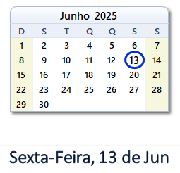13 Junho 2025 calendario