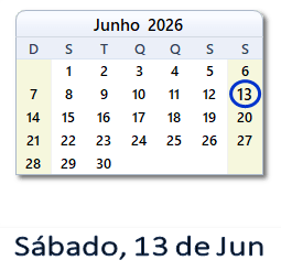 13 Junho 2026 calendario