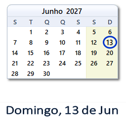 13 Junho 2027 calendario