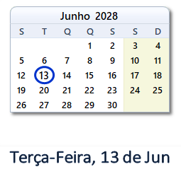 13 Junho 2028 calendario