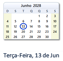 13 Junho 2028 calendario