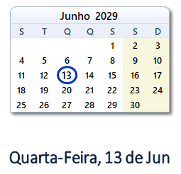 13 Junho 2029 calendario