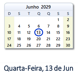 13 Junho 2029 calendario