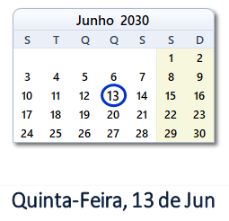 13 Junho 2030 calendario