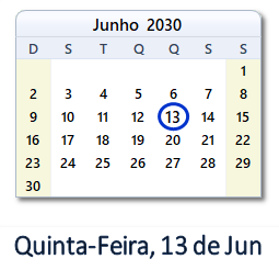 13 Junho 2030 calendario