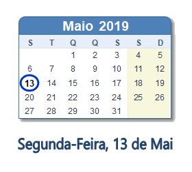 13 Maio 2019 calendario