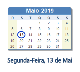 13 Maio 2019 calendario