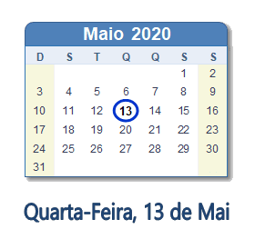 13 Maio 2020 calendario