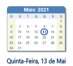 13 Maio 2021 calendario