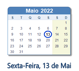13 Maio 2022 calendario