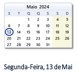 13 Maio 2024 calendario