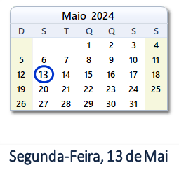 13 Maio 2024 calendario