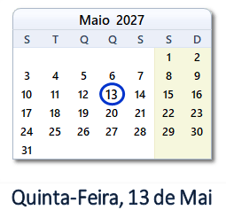 13 Maio 2027 calendario