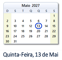 13 Maio 2027 calendario