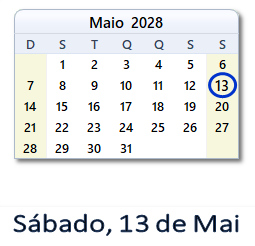 13 Maio 2028 calendario