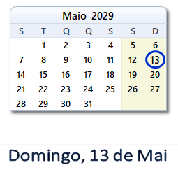 13 Maio 2029 calendario