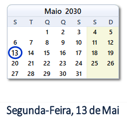 13 Maio 2030 calendario