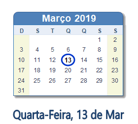 13 Março 2019 calendario