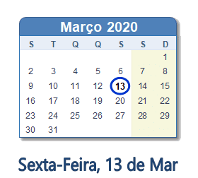 13 Março 2020 calendario