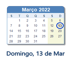 13 Março 2022 calendario