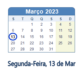 13 Março 2023 calendario