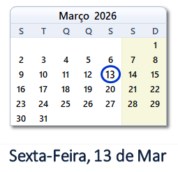 13 Março 2026 calendario